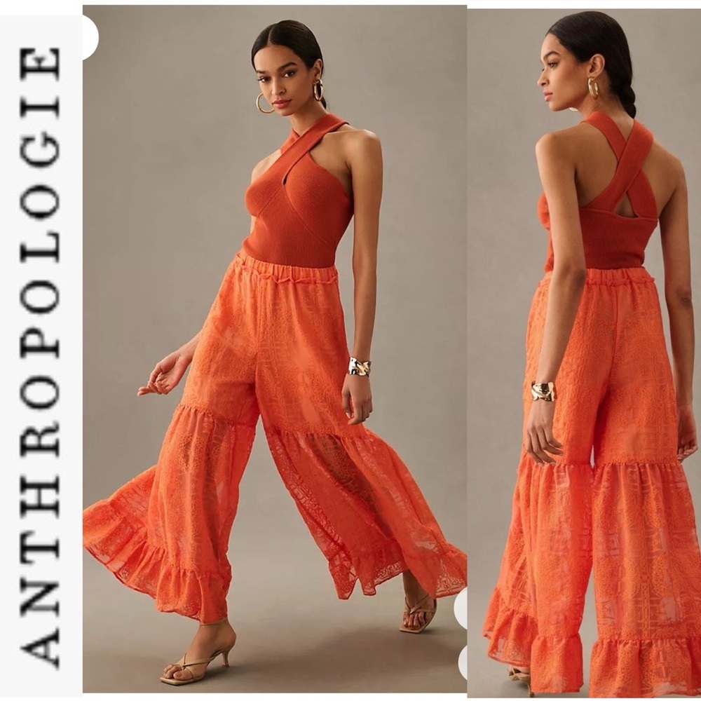 NWOT Anthropologie Orange Chiffon Lace Embroidered Palazzo Pants s,xs